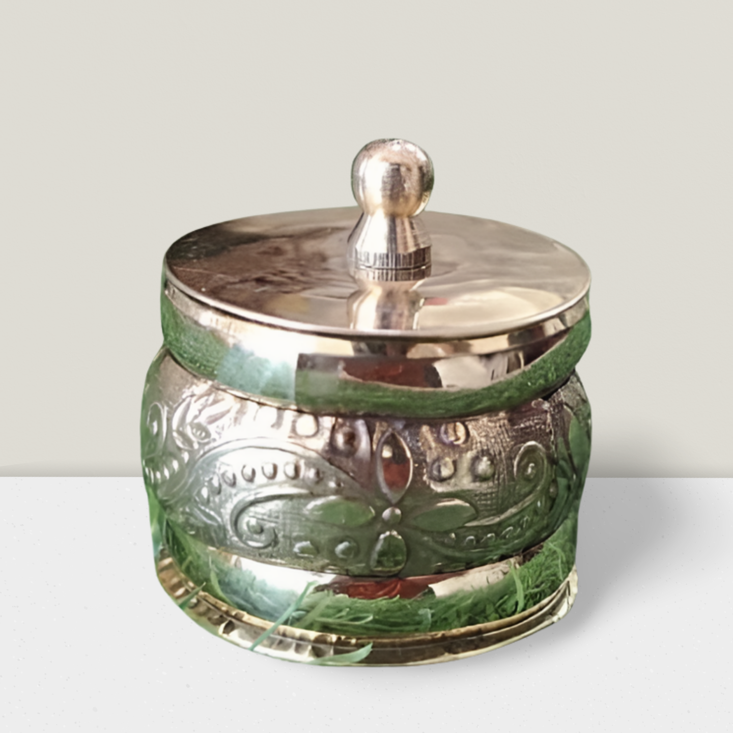 Elegant Brass Kumkum Box with Floral Engraving